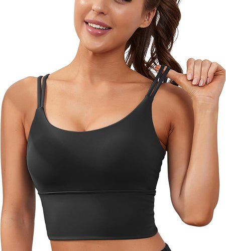 Womens Longline Sports Bra Padded Yoga Workout Crop Tank Tops Strappy Camisole Fitness Shirts